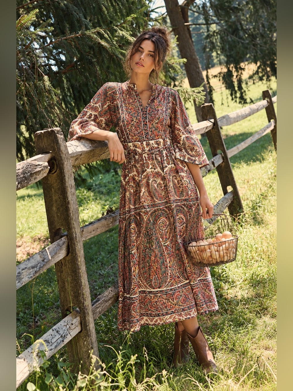 Vtg 70s block print paisley tie back kimono sleeve v neck Indian maxi dress S/M
